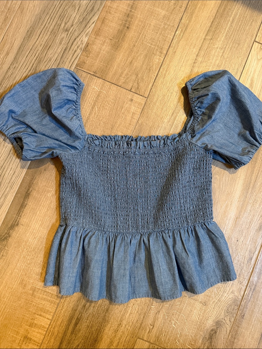 J Crew Sz M Smocked Puff Sleeve Peplum Top - Blue